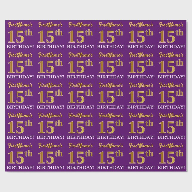 Purple, Imitation Gold Look "15th BIRTHDAY" Wrapping Paper (Flat)