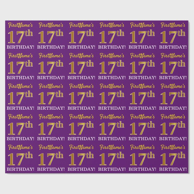 Purple, Imitation Gold Look "17th BIRTHDAY" Wrapping Paper (Flat)
