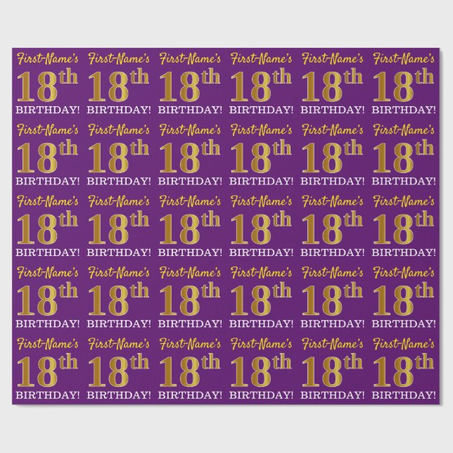 Purple, Imitation Gold Look "18th BIRTHDAY" Wrapping Paper (Flat)