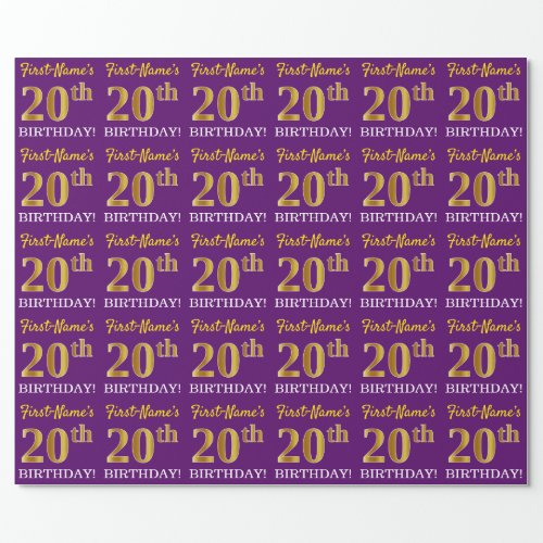 Purple Imitation Gold Look 20th BIRTHDAY Wrapping Paper