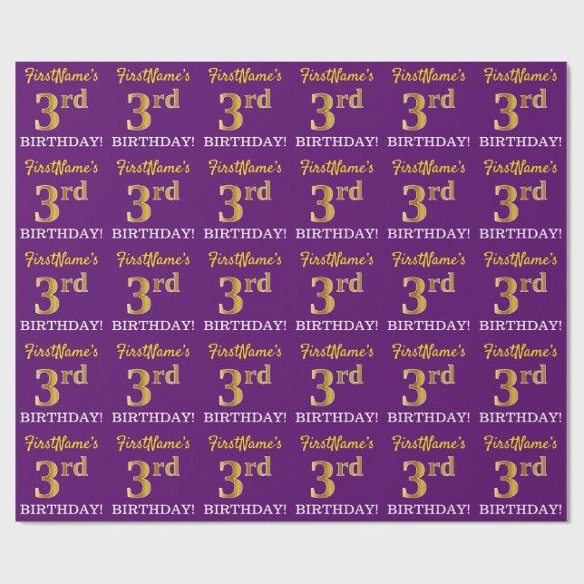 Purple, Imitation Gold Look "3rd BIRTHDAY" Wrapping Paper (Flat)