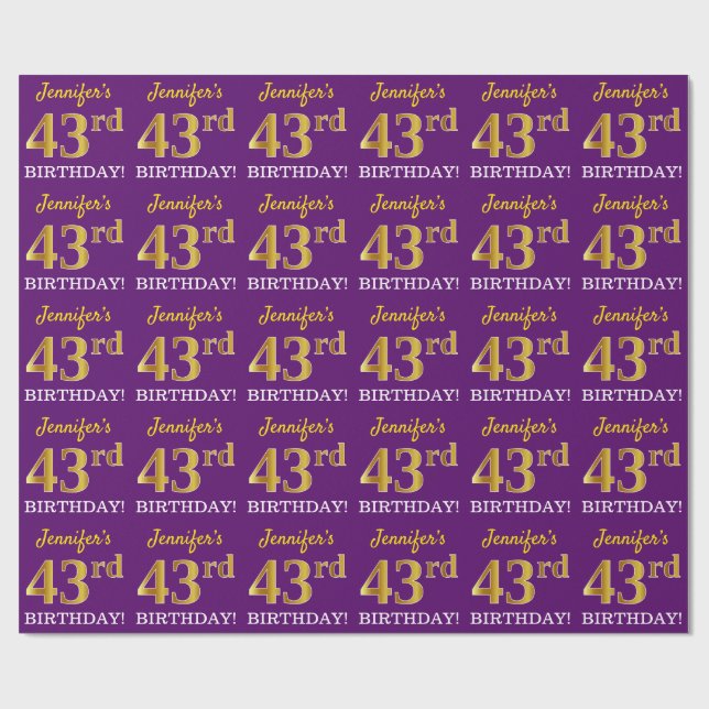 Purple, Imitation Gold Look "43rd BIRTHDAY" Wrapping Paper (Flat)