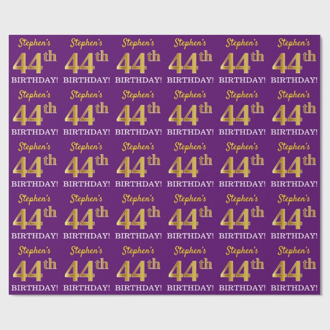 Purple, Imitation Gold Look "44th BIRTHDAY" Wrapping Paper (Flat)