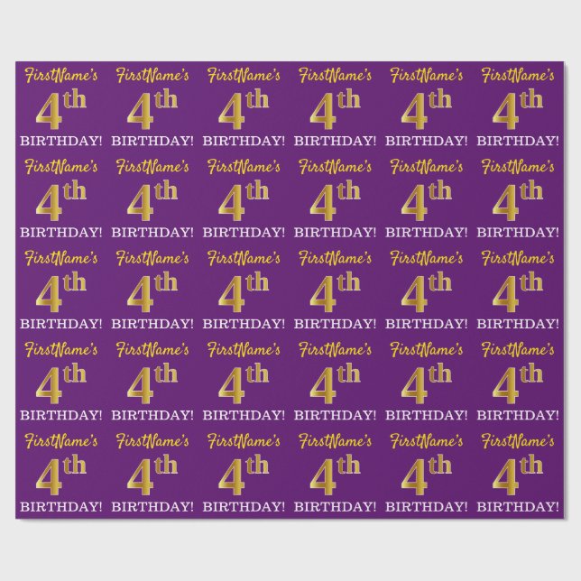 Purple, Imitation Gold Look "4th BIRTHDAY" Wrapping Paper (Flat)