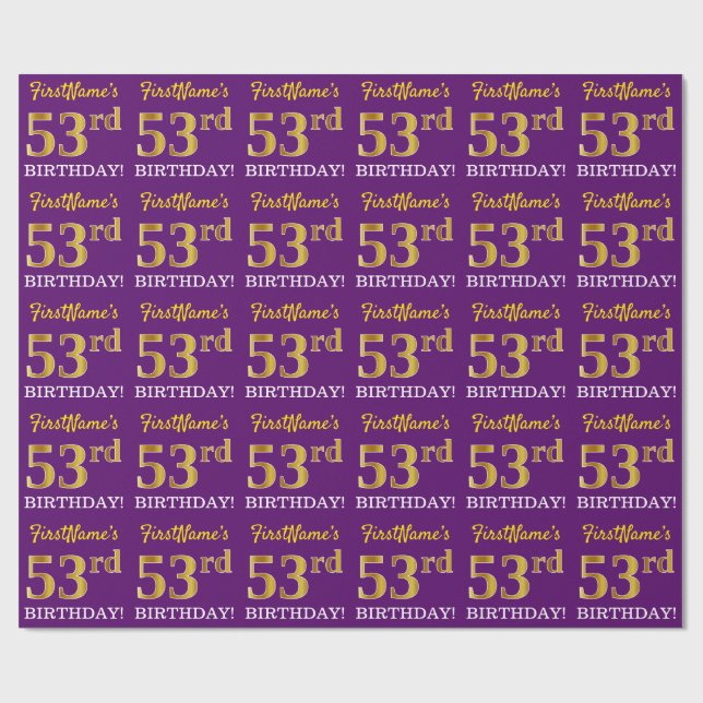 Purple, Imitation Gold Look "53rd BIRTHDAY" Wrapping Paper (Flat)