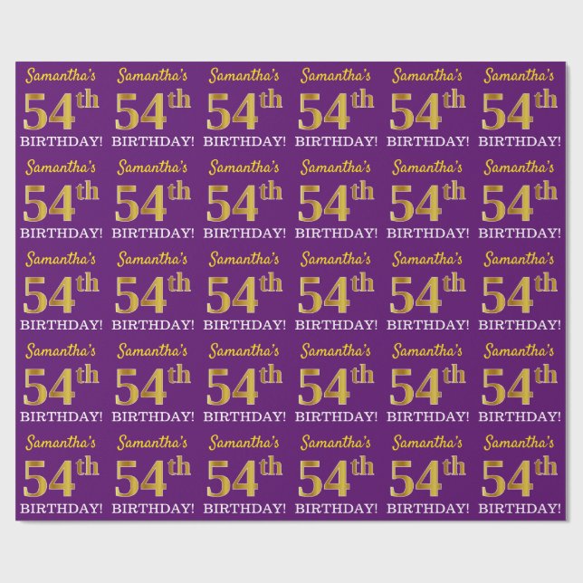 Purple, Imitation Gold Look "54th BIRTHDAY" Wrapping Paper (Flat)