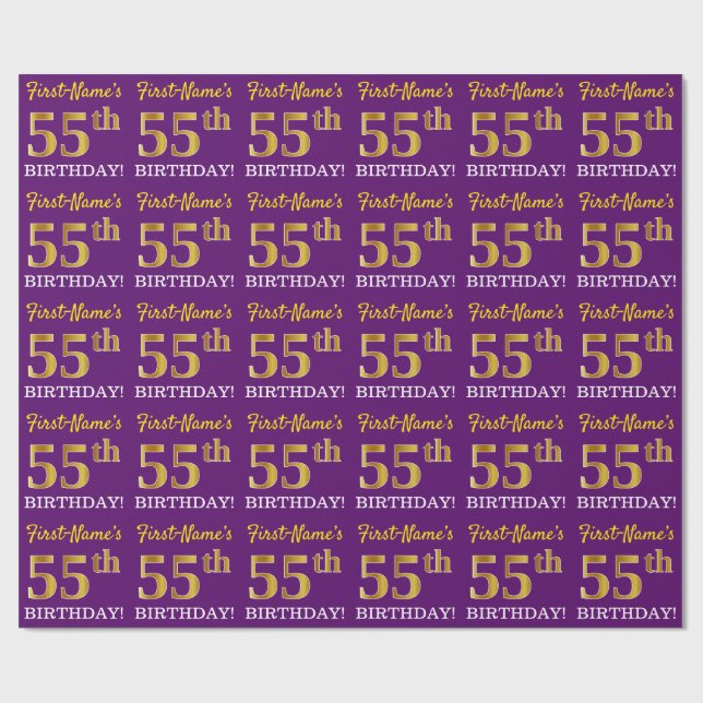 Purple, Imitation Gold Look "55th BIRTHDAY" Wrapping Paper (Flat)