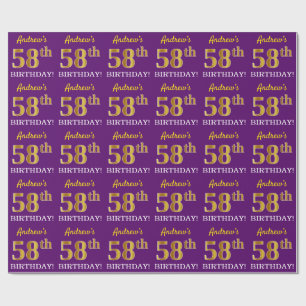 Purple, Imitation Gold Look "58th BIRTHDAY" Wrapping Paper