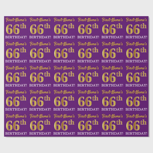 Purple, Imitation Gold Look "66th BIRTHDAY" Wrapping Paper (Flat)