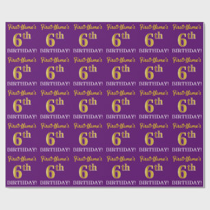 Purple, Imitation Gold Look "6th BIRTHDAY" Wrapping Paper