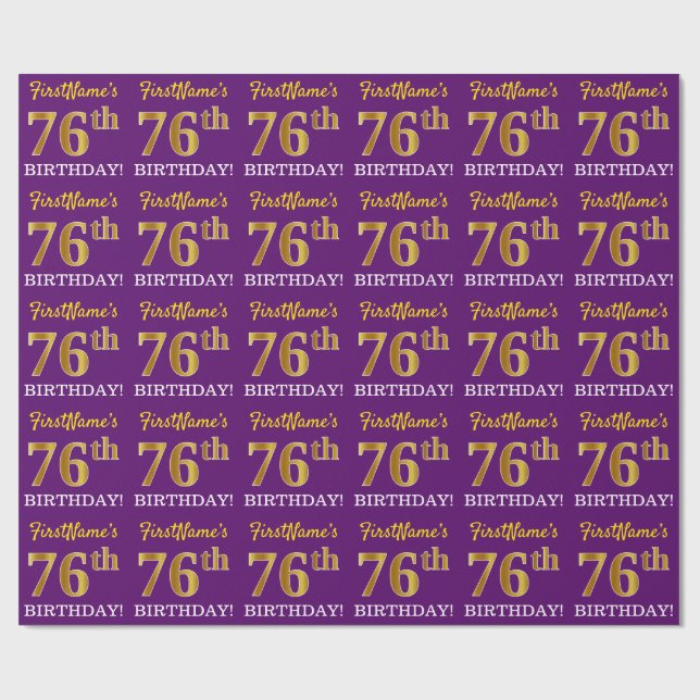 Purple, Imitation Gold Look "76th BIRTHDAY" Wrapping Paper (Flat)