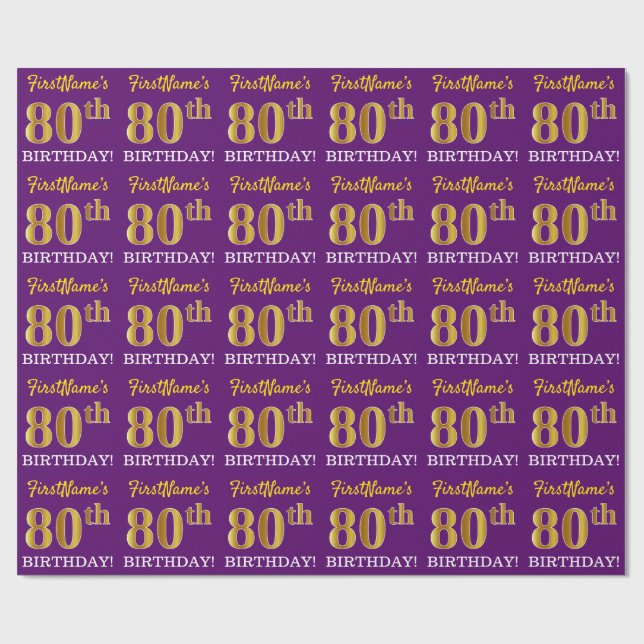 Purple, Imitation Gold Look "80th BIRTHDAY" Wrapping Paper (Flat)