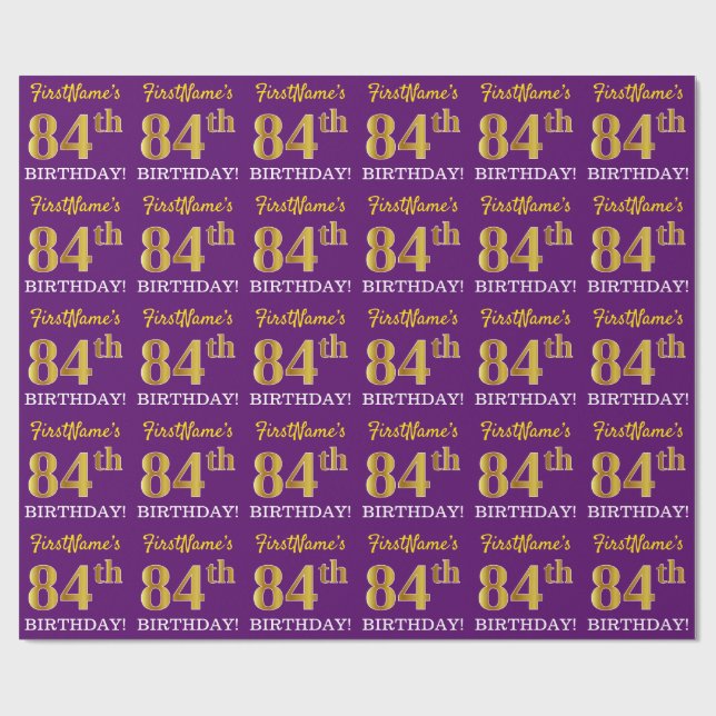 Purple, Imitation Gold Look "84th BIRTHDAY" Wrapping Paper (Flat)