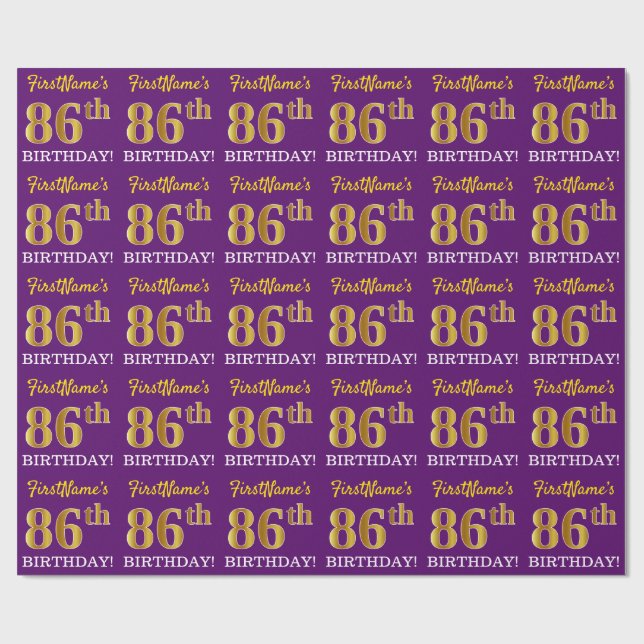 Purple, Imitation Gold Look "86th BIRTHDAY" Wrapping Paper (Flat)