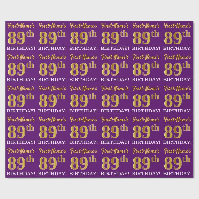 Purple, Imitation Gold Look "89th BIRTHDAY" Wrapping Paper (Flat)