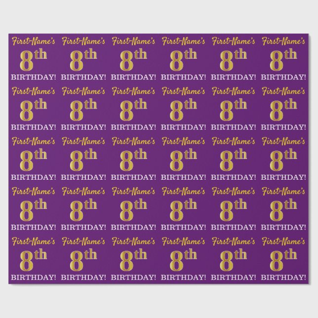 Purple, Imitation Gold Look "8th BIRTHDAY" Wrapping Paper (Flat)