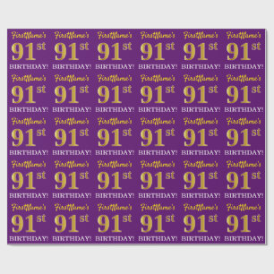 Purple, Imitation Gold Look "91st BIRTHDAY" Wrapping Paper