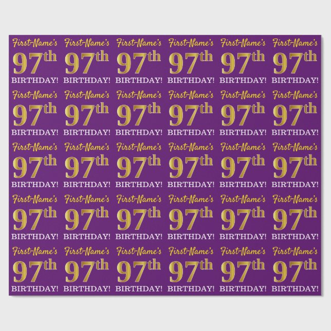 Purple, Imitation Gold Look "97th BIRTHDAY" Wrapping Paper (Flat)