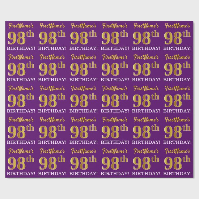 Purple, Imitation Gold Look "98th BIRTHDAY" Wrapping Paper (Flat)