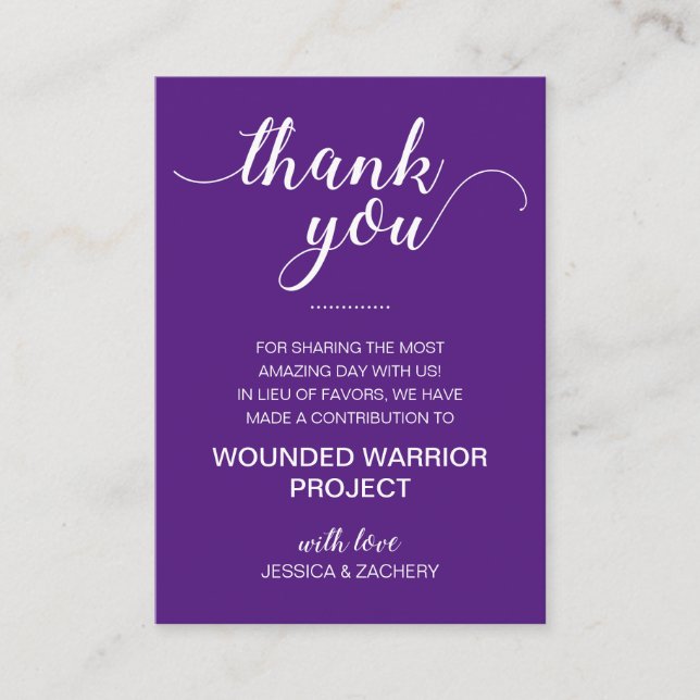 Purple In Lieu Of Favors Charity Donation Wedding Place Card (Front)