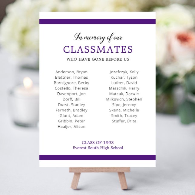 Purple In Memory Of Our Classmates List Of Names Foam Board (Creator Uploaded)