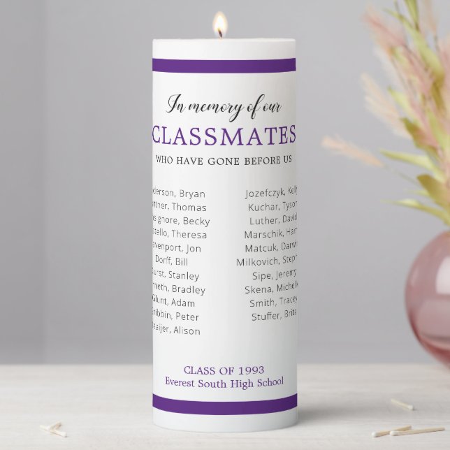 Purple In Memory Of Our Classmates School Reunion Pillar Candle (In Situ)