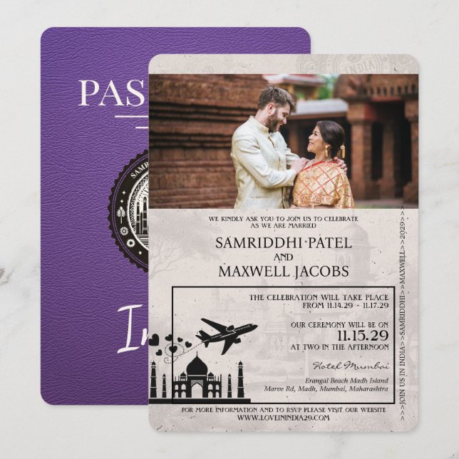 Purple India Passport Wedding Invitation (Front/Back)