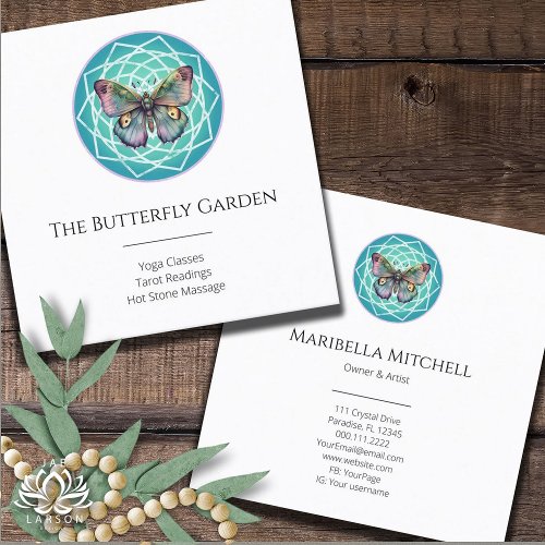 Purple Indigo Butterfly Mystical Mandala Turquoise Square Business Card