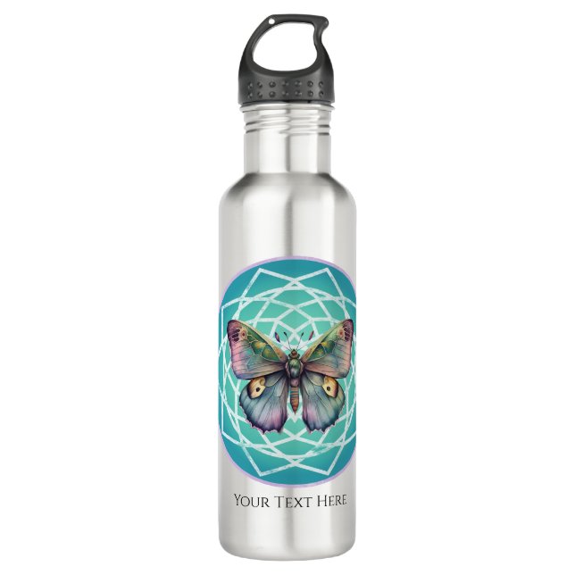 Purple Indigo Butterfly Mystical Mandala Turquoise Stainless Steel Water Bottle (Front)
