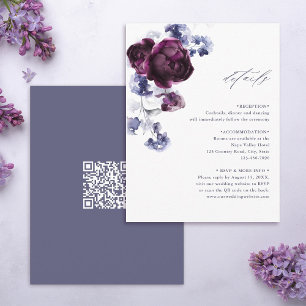 Purple & Indigo Floral QR Code Wedding Details Enclosure Card