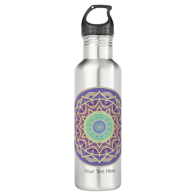 Purple Indigo Gold Turquoise Mandala Metaphysical Stainless Steel Water Bottle (Front)