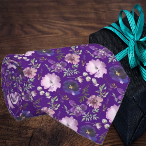 Purple Indigo Pattern Flowers Floral Neck Tie