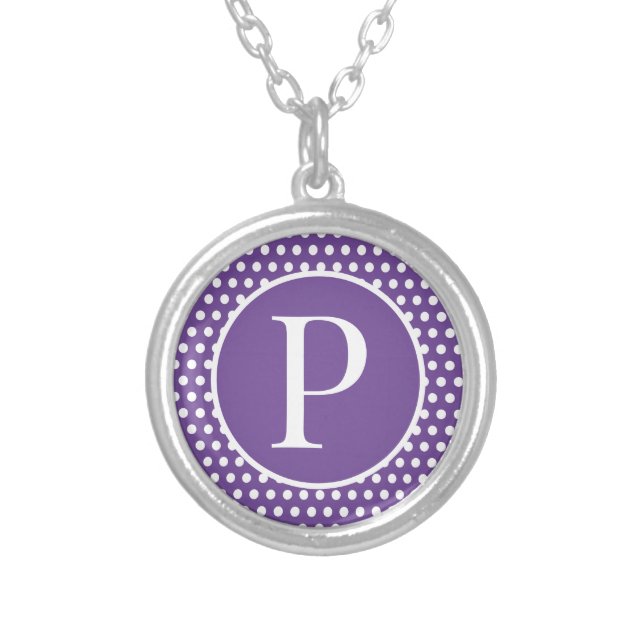 Purple initial letter Polka Dot  Silver Plated Necklace (Front)
