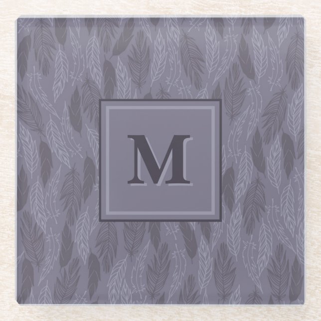 Purple Initial Monogram Leaf Pattern Elegant Glass Coaster (Front)