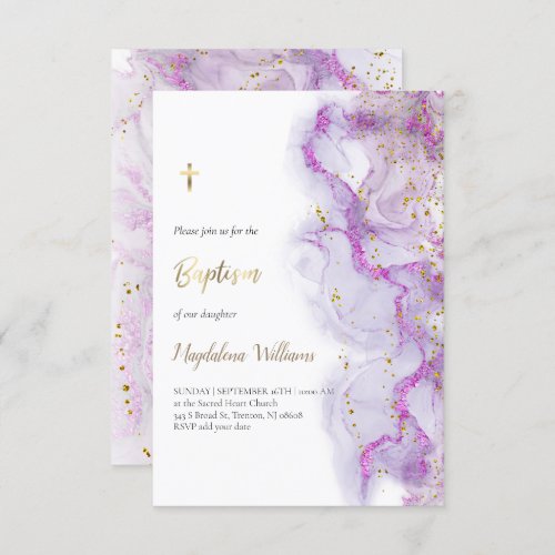 purple ink and FAUX glitter  Baptism Invitation
