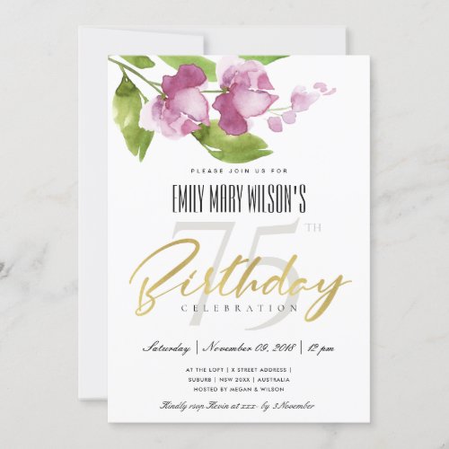 PURPLE INK WASH WATERCOLOR FLORAL ANY AGE BIRTHDAY INVITATION