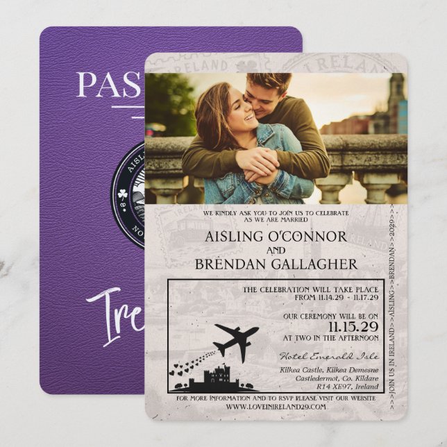 Purple Ireland Passport Wedding Invitation (Front/Back)
