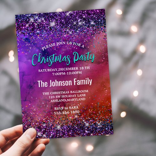 Purple iridescent brushed metal glitter Christmas  Invitation