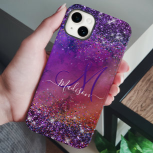 Purple iridescent brushed metal glitter monogram n Case-Mate iPhone 14 case