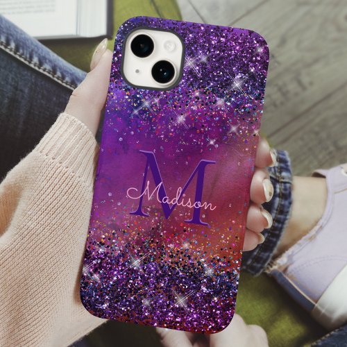 Purple iridescent brushed metal glitter monogram n iPhone 15 case
