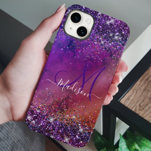 Purple iridescent brushed metal glitter monogram n Case_Mate iPhone 14 case
