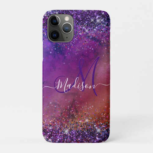 Purple iridescent brushed metal glitter monogram n iPhone 11 pro case