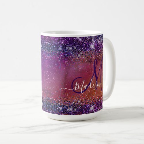 Purple iridescent brushed metal glitter monogram n coffee mug