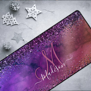 Purple iridescent brushed metal glitter monogram n desk mat