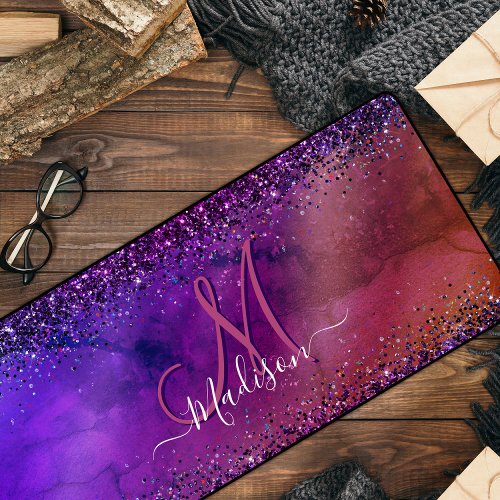 Purple iridescent brushed metal glitter monogram n desk mat