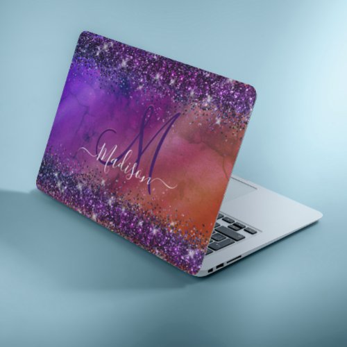 Purple iridescent brushed metal glitter monogram n HP laptop skin