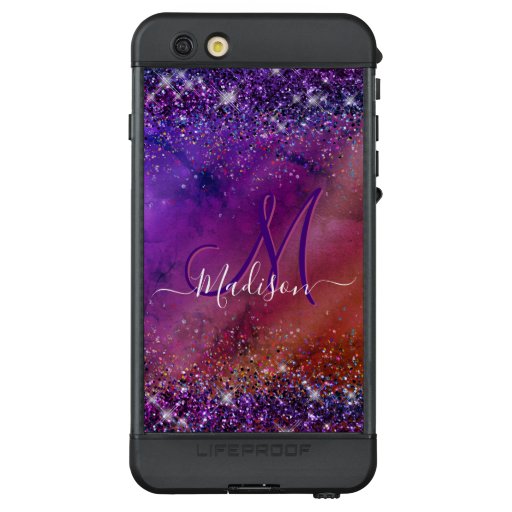 Purple iridescent brushed metal glitter monogram n LifeProof NÜÜD iPhone 6s plus case