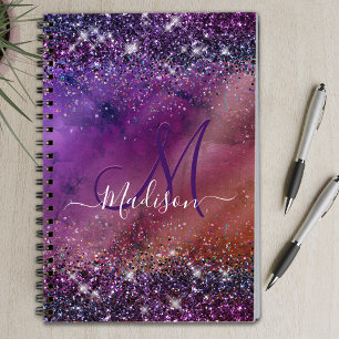 Purple iridescent brushed metal glitter monogram n notebook