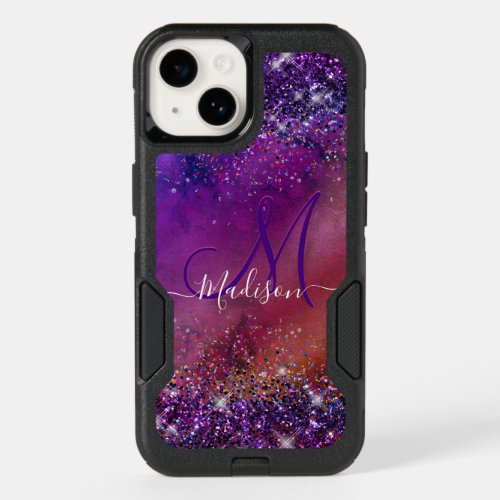 Purple iridescent brushed metal glitter monogram n OtterBox iPhone 14 case