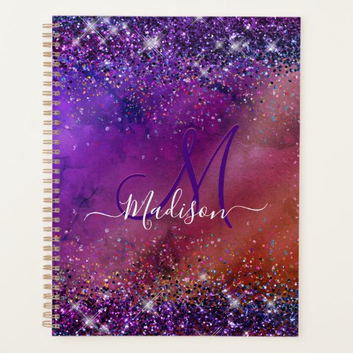 Purple iridescent brushed metal glitter monogram n planner